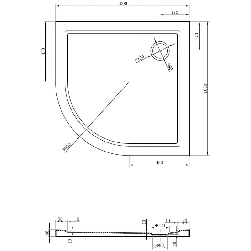 Mexen Flow полукръгъл плосък поддушов басейн 100 x 100 см, черен мат - 46Q701010
