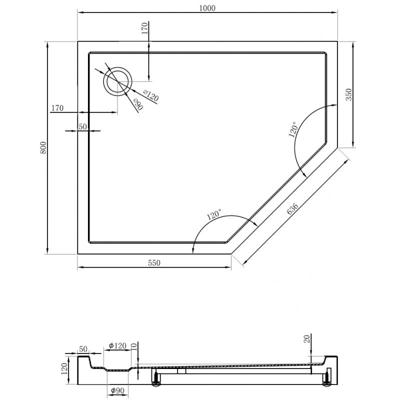 Mexen Flow+ петоъгълна лява поддушова тава 100 x 80 см, бял гланц - 46P108010LH
