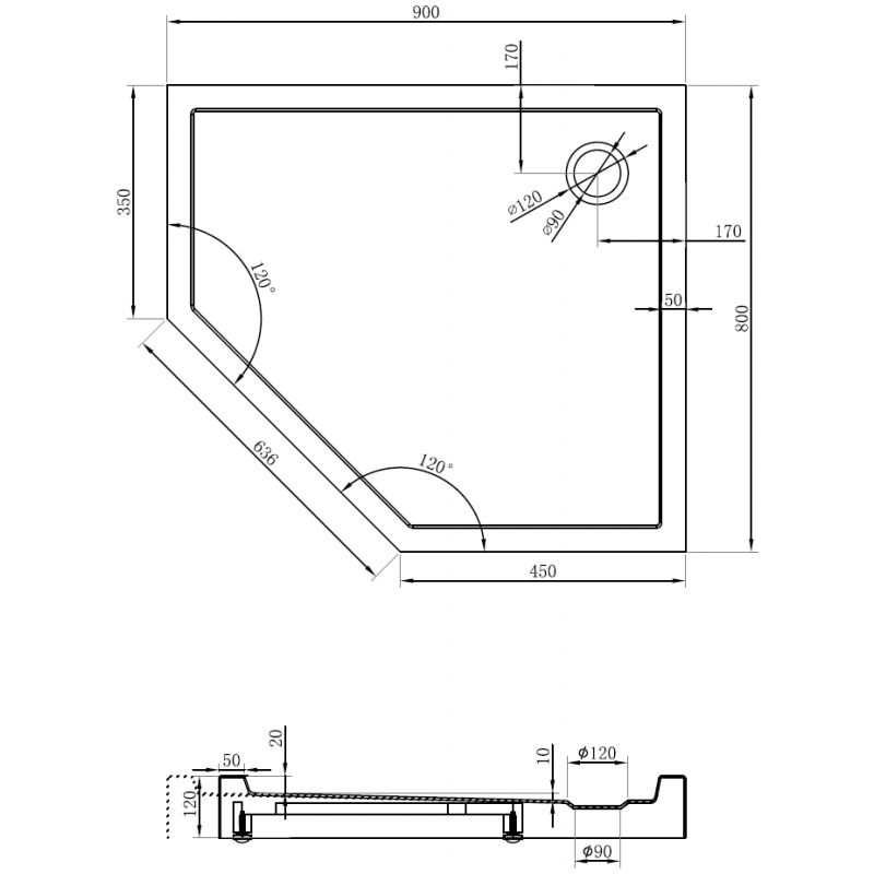 Mexen Flow+ петостенен корито дясно 90 x 80 см, черен мат - 46P708090RH
