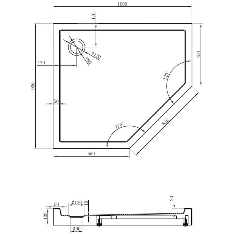 Mexen Flow+ Петоъгълен душов поднос ляв 100 x 90 см, черен мат - 46P709010LH