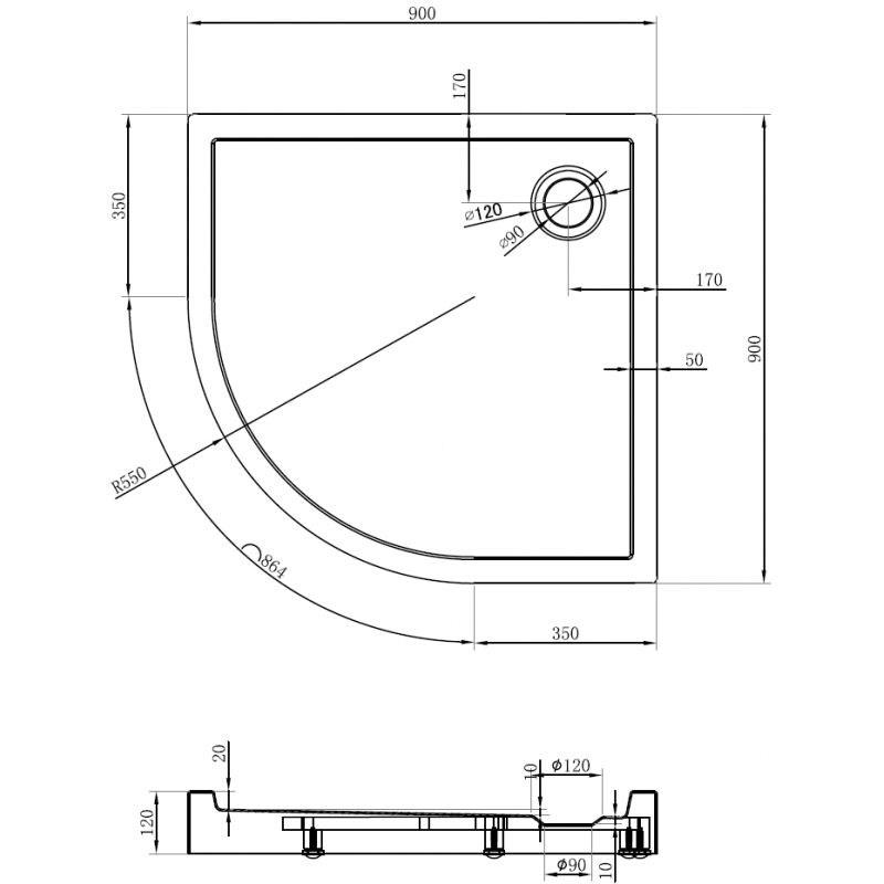 Mexen Flow+ полукръгъл поддушов корито 90 x 90 см, черен мат - 46Q709090H