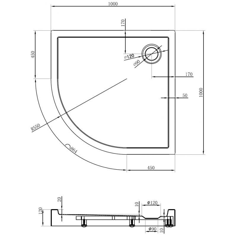 Mexen Flow+ полукръгъл душ корито 100 x 100 см, черен мат - 46Q701010H