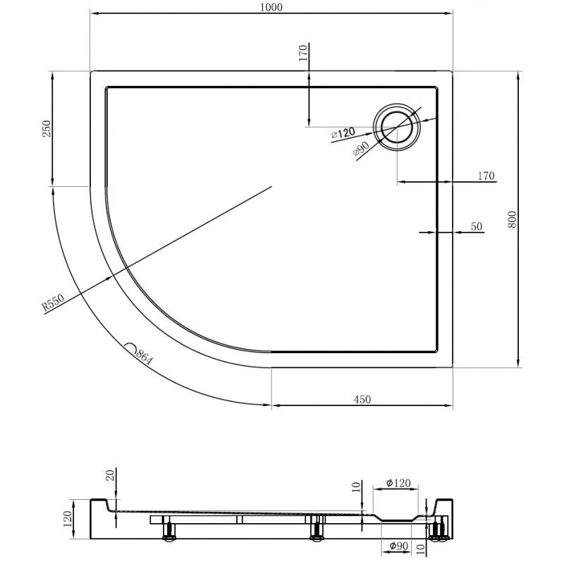 Mexen Flow+ полукръгъл асиметричен десен душ корито 100 x 80 см, черен мат - 46Q708010RH