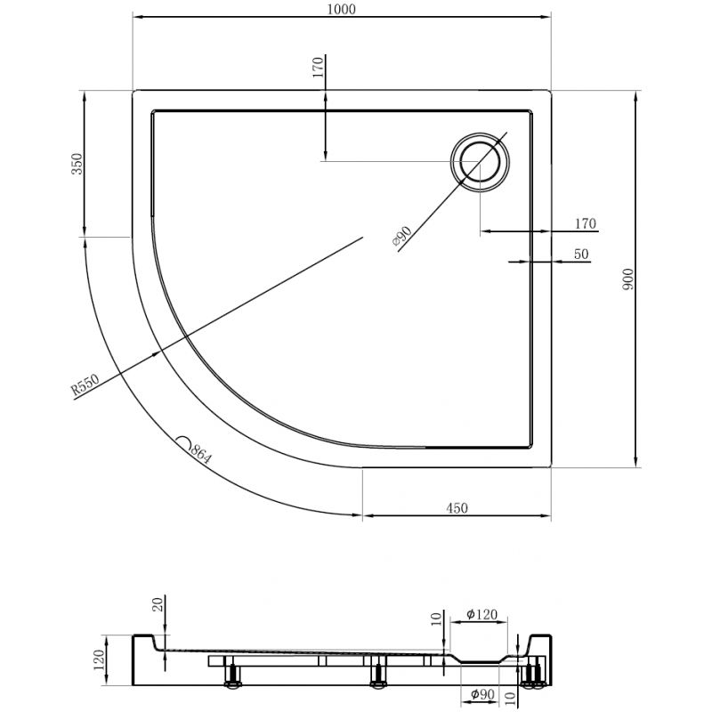 Mexen Flow+ полукръгъл асиметричен десен поддушов поднос 100 x 90 cm, черен мат - 46Q709010RH