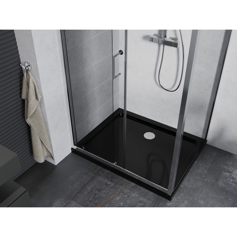 Mexen Apia плъзгаща се душ кабина 140 x 90 см, прозрачна, хром + тава Flat, черна