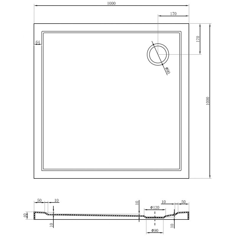 Mexen Flow квадратен плосък поддушов поднос 100 x 100 cm, бял гланц - 46S101010