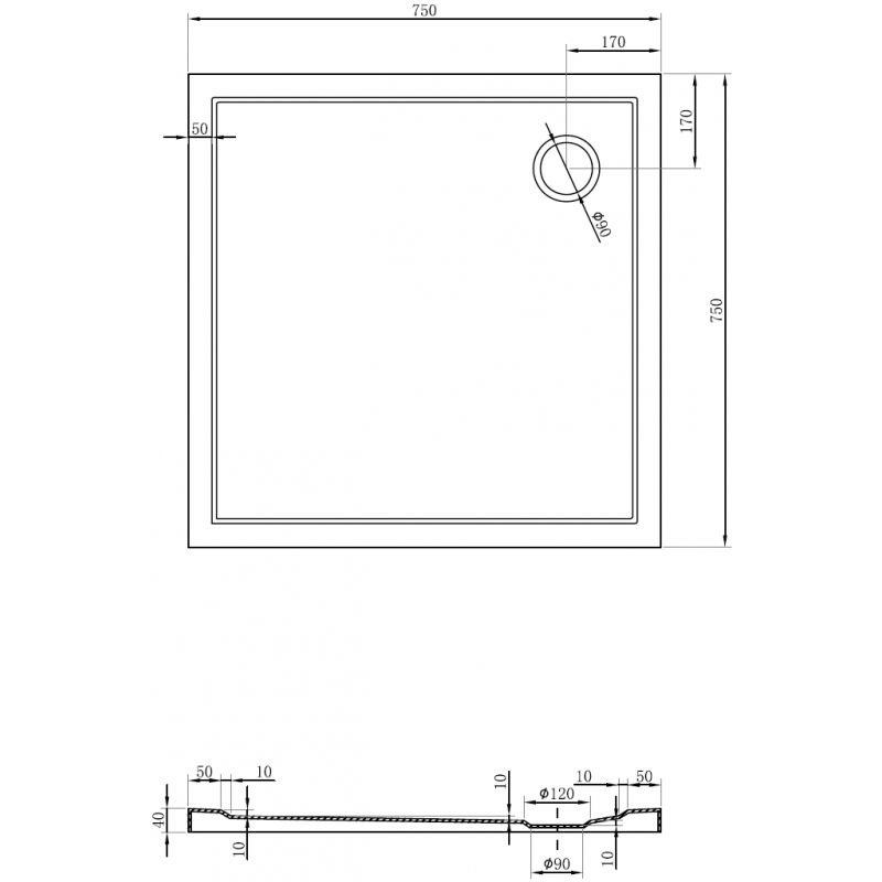 Mexen Flow квадратен поддушов корито slim 75 x 75 cm, бял гланц - 46S107575
