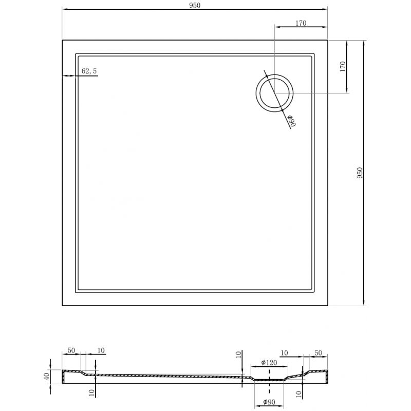 Mexen Flow плосък квадратен душ корито 95 x 95 cm, черен мат - 46S709595