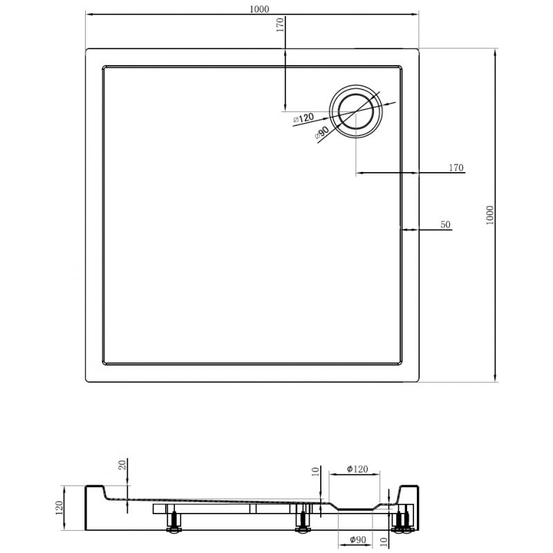 Mexen Flow+ квадратен поддушов съд 100 x 100 см, бял гланц - 46S101010H