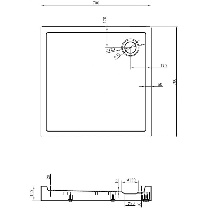 Mexen Flow+ квадратен поддушов коритo 70 x 70 см, черен мат - 46S707070H