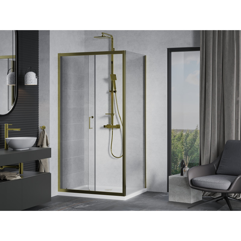 Mexen Apia плъзгаща се душ кабина 120 x 90 см, прозрачна, златна + корито Flat,
