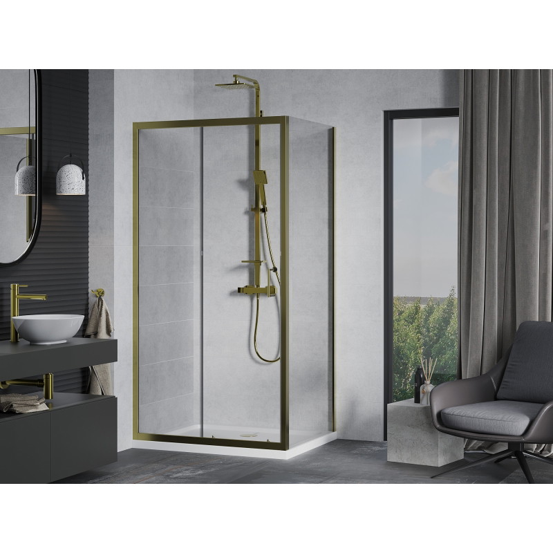 Mexen Apia плъзгаща се душ кабина 120 x 100 см, прозрачна, златна + корито Flat,