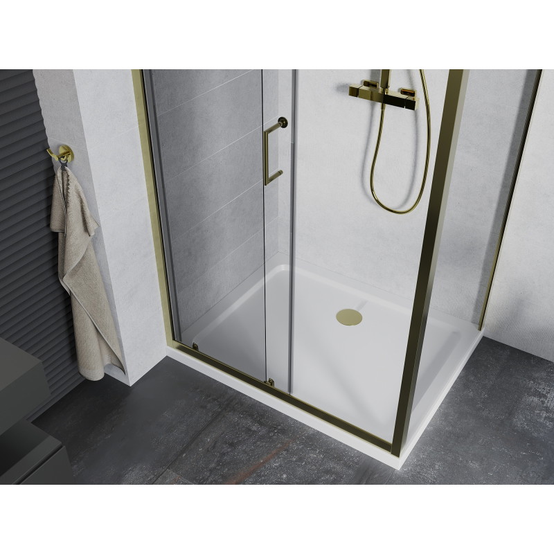 Mexen Apia плъзгаща се душ кабина 130 x 80 см, прозрачна, златна + плосък