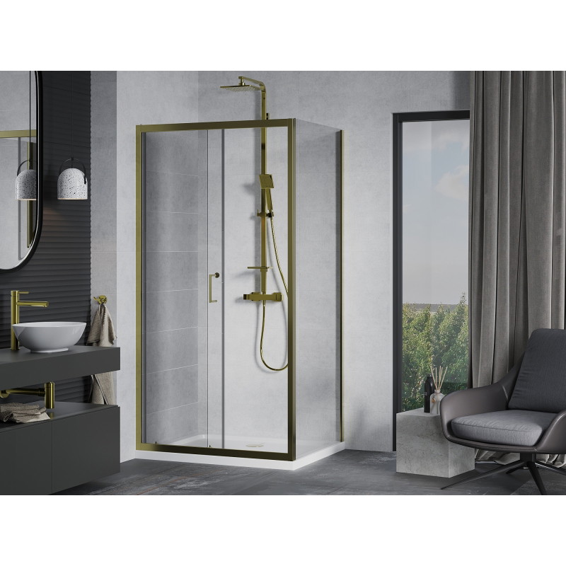 Mexen Apia плъзгаща се душ кабина 130 x 80 см, прозрачна, златна + плосък