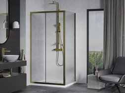Mexen Apia плъзгаща се душ кабина 140 x 90 см, прозрачна, златна + корито Flat, бяло- 840-140-090-50-00-4010G