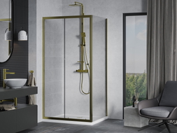 Mexen Apia плъзгаща се душ кабина 140 x 100 см, прозрачна, златна + корито Flat,