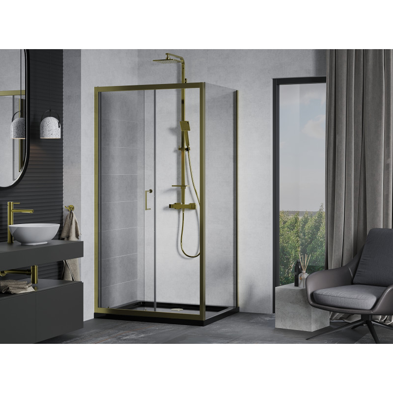 Mexen Apia плъзгаща се душ кабина 90 x 70 см, прозрачна, златиста + тава Flat,