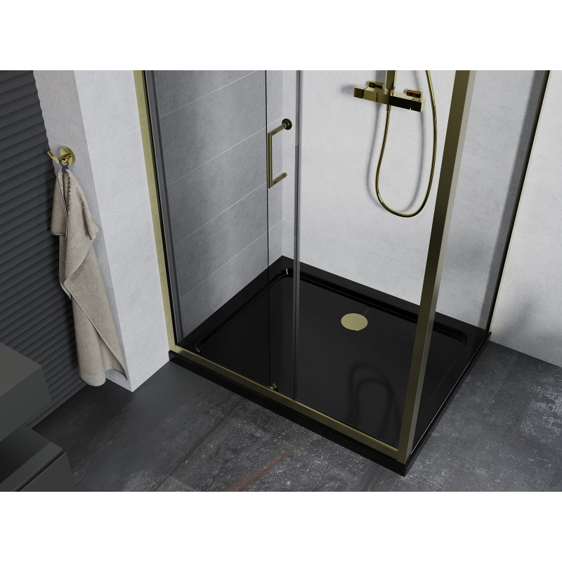 Mexen Apia плъзгаща се душ кабина 90 x 80 см, прозрачна, златиста + корито Flat,
