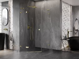 Mexen Lunar L петстенна душ кабина с врата, ляво отваряне 80 x 90 cm, прозрачна, златна - 831L-080L-090P-50-00-L