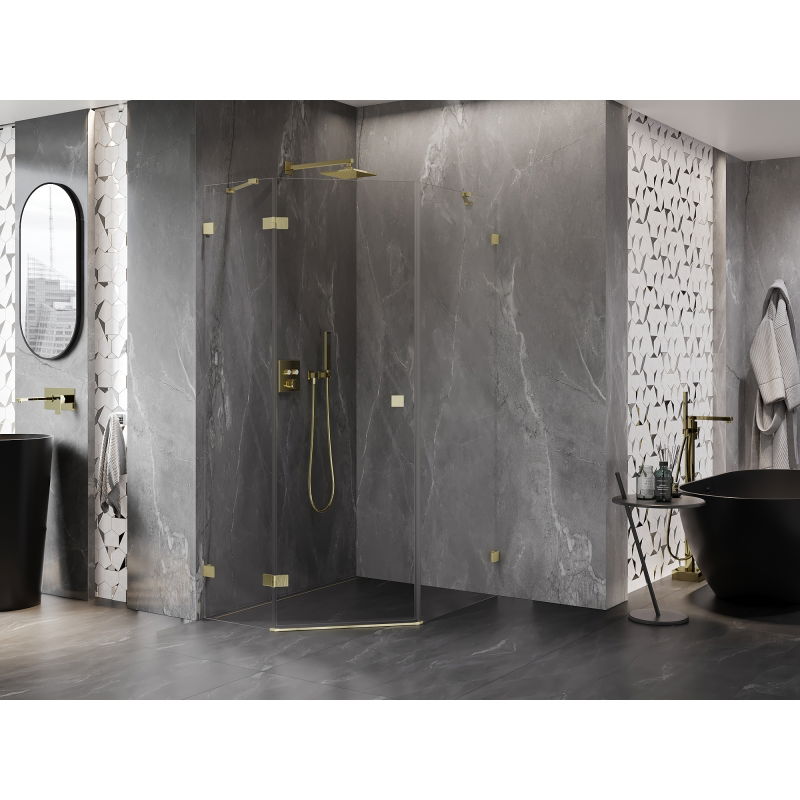 Mexen Lunar петоъгълна душ кабина с лява врата 80 x 90 см, прозрачна, златисто четкана - 831-080L-090P-55-00-L