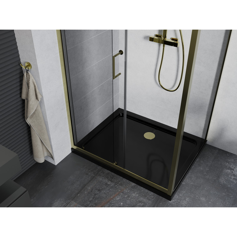 Mexen Apia плъзгаща се душ кабина 100 x 90 см, прозрачна, златна + корито Flat,