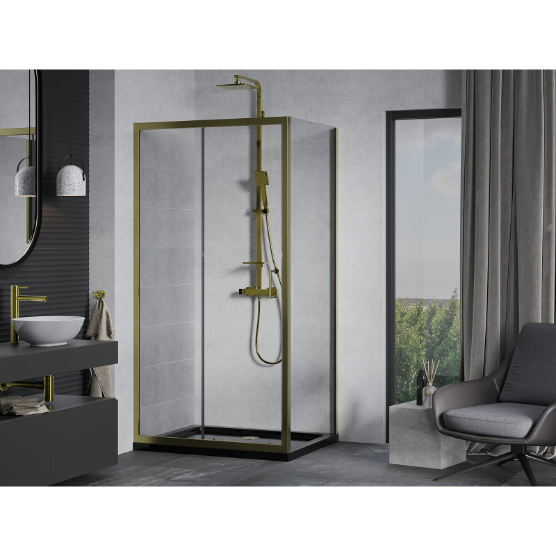 Mexen Apia плъзгаща се душ кабина 100 x 90 см, прозрачна, златна + корито Flat,