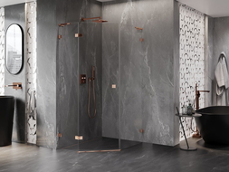 Mexen Lunar L пет-ъглова душ кабина с ляво отваряне 80 x 90 см, прозрачна, розово злато - 831L-080L-090P-60-00-L