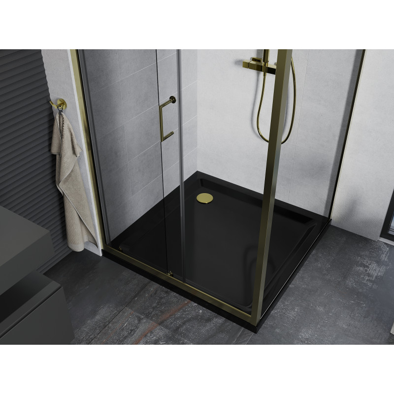 Mexen Apia плъзгаща се душ кабина 100 x 100 см, прозрачна, златна + корито Flat,