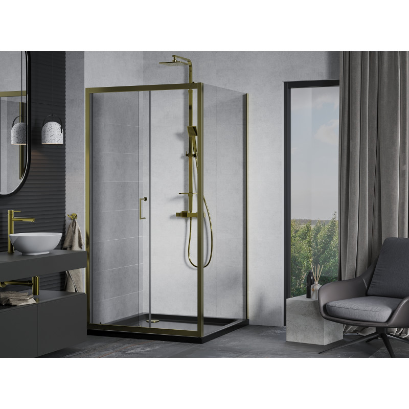 Mexen Apia плъзгаща се душ кабина 100 x 100 см, прозрачна, златна + корито Flat,