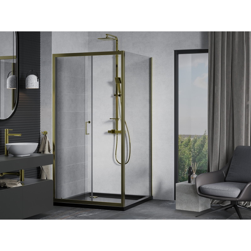 Mexen Apia плъзгаща се душ кабина 100 x 100 см, прозрачна, златна + поддушник Flat,