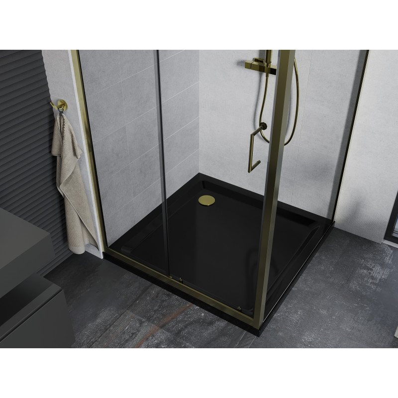 Mexen Apia плъзгаща се душ кабина 100 x 100 см, прозрачна, златна + корито Flat,