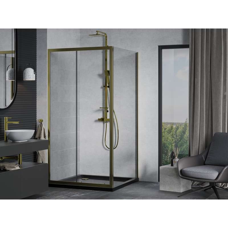 Mexen Apia плъзгаща се душ кабина 100 x 100 см, прозрачна, златна + корито Flat,