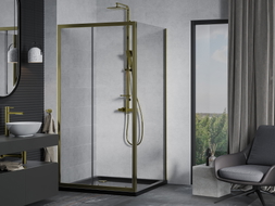 Mexen Apia плъзгаща се душ кабина 100 x 100 см, прозрачна, златна + поддушник Flat,