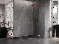 Mexen Lunar L петоъгълна душ кабина с отваряща се врата, дясна, 90 x 100 см, прозрачна, розово злато - 831L-090P-100L-60-00-P