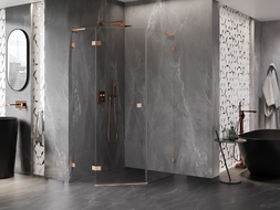 Mexen Lunar L пентагонална накланяща се лява душ кабина 80 x 90 см, прозрачна, матирана мед – 831L-080L-090P-65-00-L