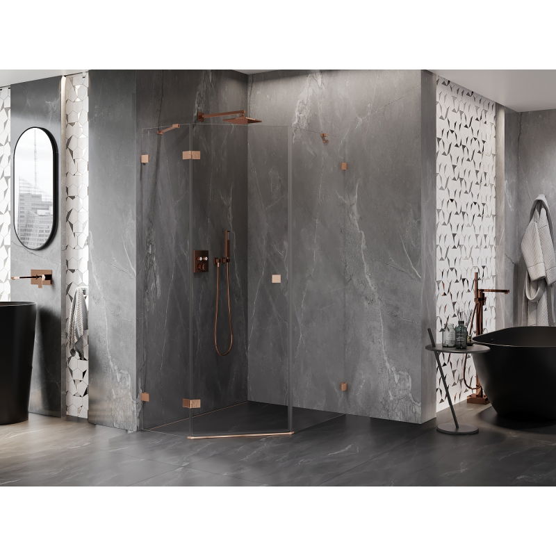 Mexen Lunar петостенна душ кабина с люлееща се врата лява 90 x 100 см, прозрачна, четкан мед - 831-090L-100P-65-00-L