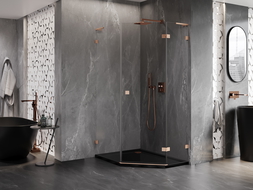 Mexen Lunar L петостранна душ кабина с врата на панти, дясна 80 x 90 см, прозрачна, четкан мед - 831L-080P-090L-65-00-P