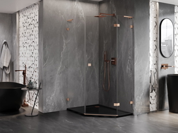 Mexen Lunar L трапецовидна душ кабина, отваряща се на дясно 80 x 100 см, прозрачна, матирана мед - 831L-080P-100L-65-00-P