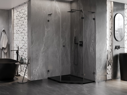 Mexen Lunar L петоъгълен душ кабина с панти, дясна 90 x 100 cm, прозрачна, черна - 831L-090P-100L-70-00-P