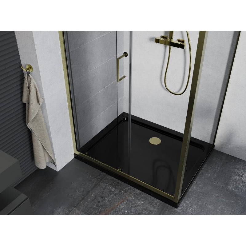 Mexen Apia плъзгаща се душ кабина 140 x 100 см, прозрачна, златна + поддушово