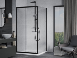 Mexen Apia плъзгаща се душ кабина 100 x 100 см, прозрачна, черна + душ поднос Flat,