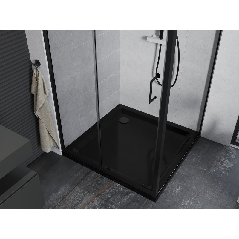 Mexen Apia плъзгаща се душ кабина 90 x 90 см, прозрачна, черна + корито Flat,