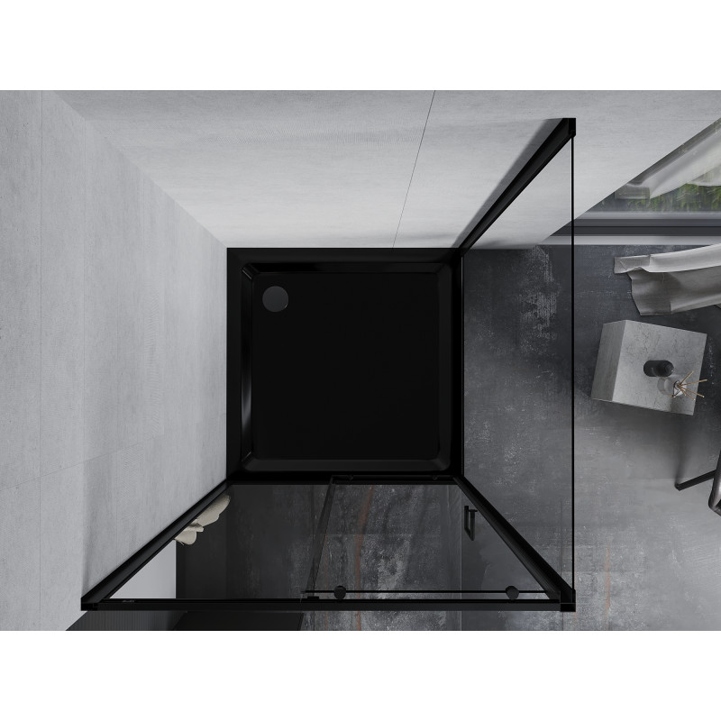 Mexen Apia плъзгаща се душ кабина 90 x 90 см, прозрачна, черна + корито Flat,