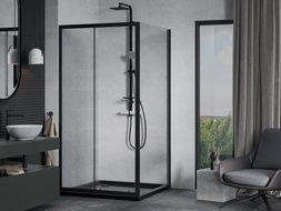 Mexen Apia плъзгаща се душ кабина 100 x 100 см, прозрачна, черна + корито Flat,