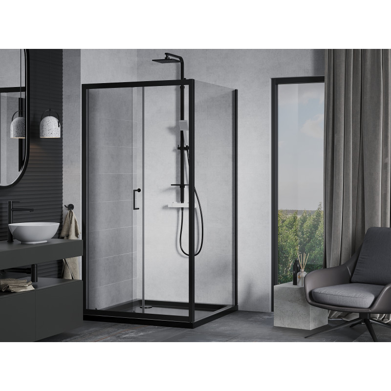 Mexen Apia плъзгаща се душ кабина 100 x 100 см, прозрачна, черна + душ тава Flat,