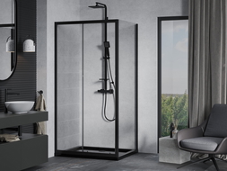 Mexen Apia душ кабина със сдвижни врати 120 x 80 см, прозрачна, черна + под душ Flat, черен - 840-120-080-70-00-4070B