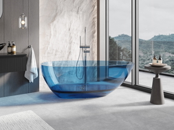Mexen Glass прозрачна свободностояща вана 170 x 85 см, деним, хромиран клапан