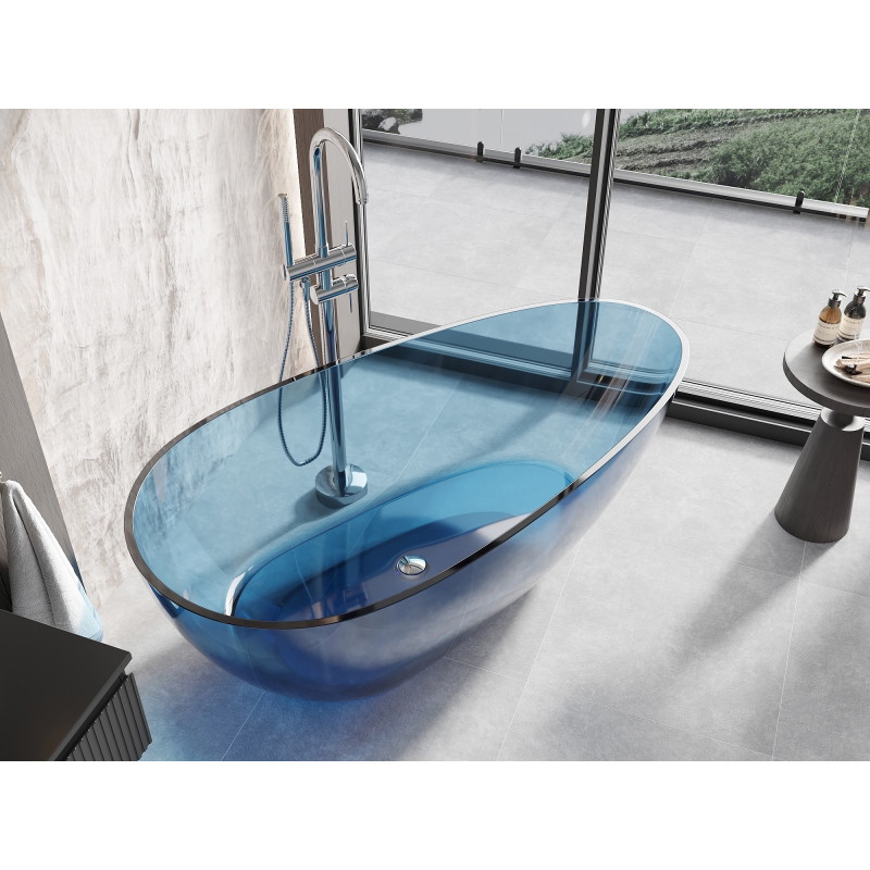 Mexen Glass прозрачна свободностояща вана 170 x 85 см, деним, хромиран клапан