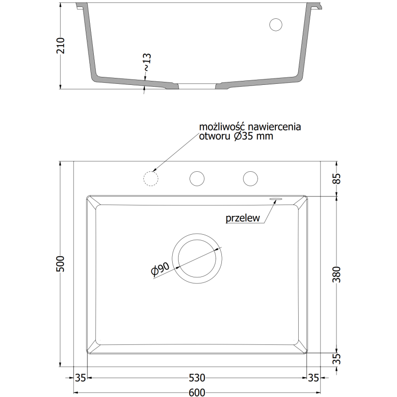 Mexen Elix гранитна кухненска мивка с 1 камера 600 x 500 mm, бяла, хромиран сифон - 6525601005-20