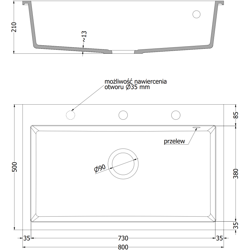 Mexen Elix еднокоморна мивка от гранит 800 x 500 mm, бежова, черен сифон - 6527801005-69-B